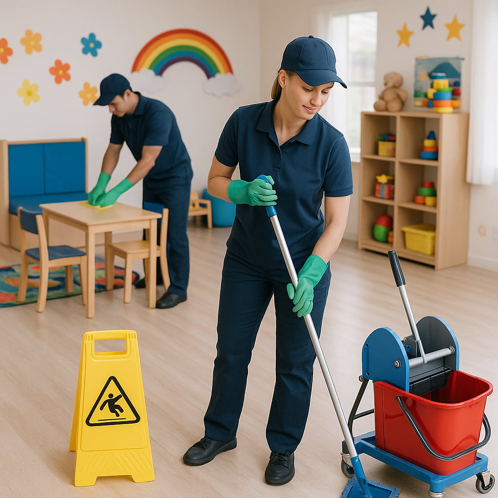 Routine childcare cleaning services using safe products