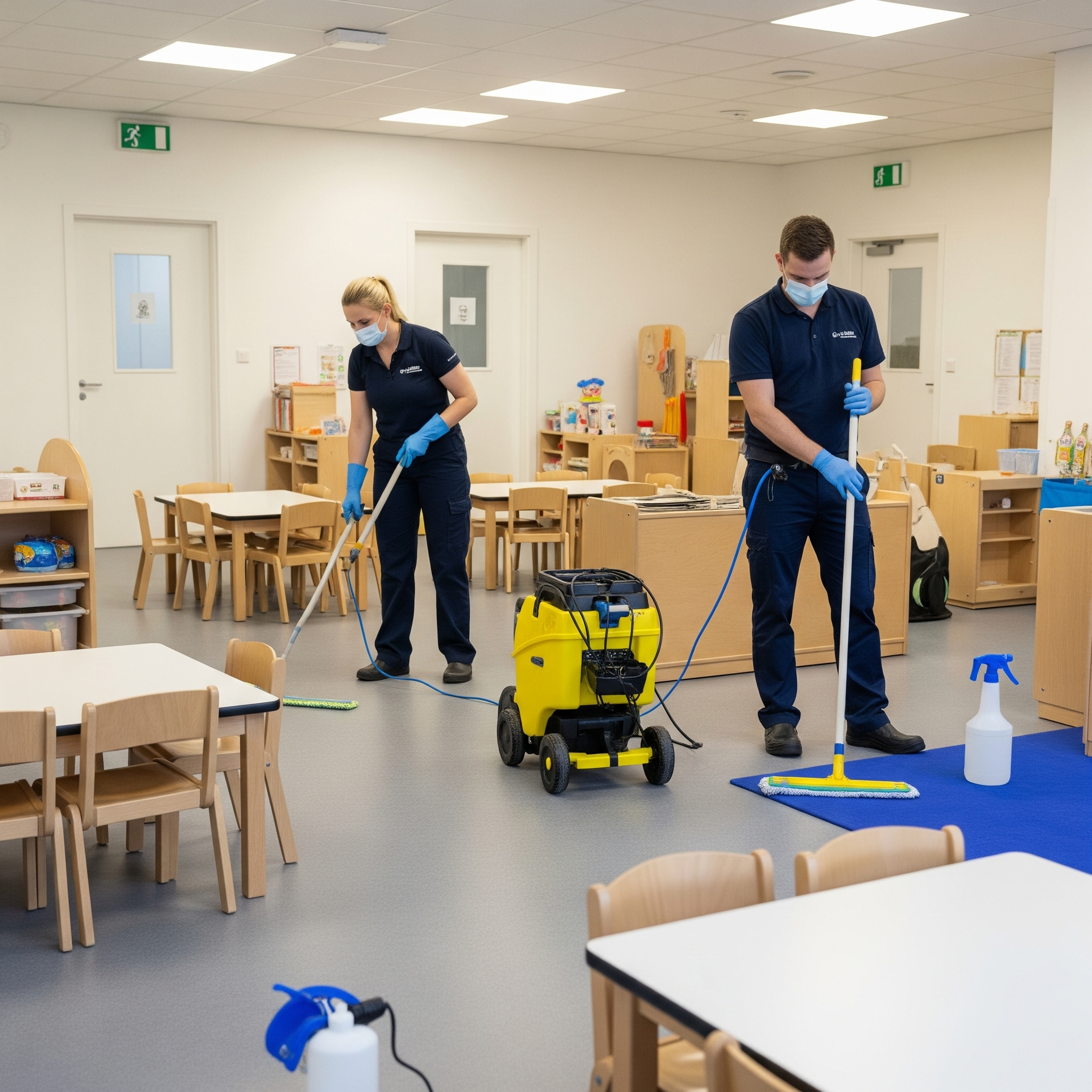 Eco-friendly childcare cleaning team at work